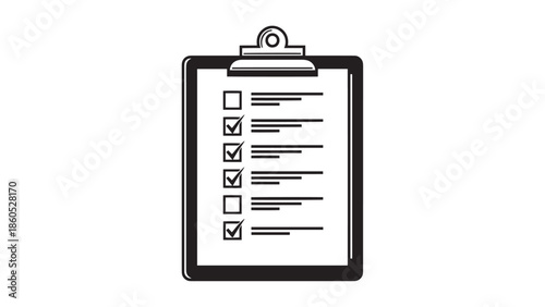 Minimal black and white clipboard checklist icon representing tasks and productivity.