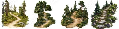 Forest trail – A path or route through a forest, often used for hiking or walking. Isolated on Clear White Background Highly Detailed