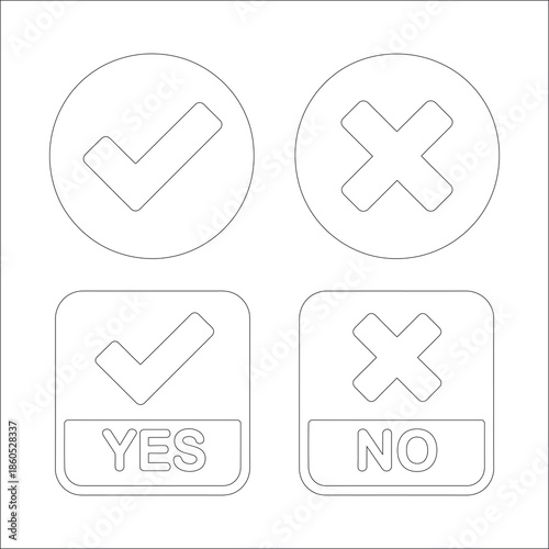 Set of outline check marks and cross icons in circle and square shapes with yes and no labels isolated on white background for interface design