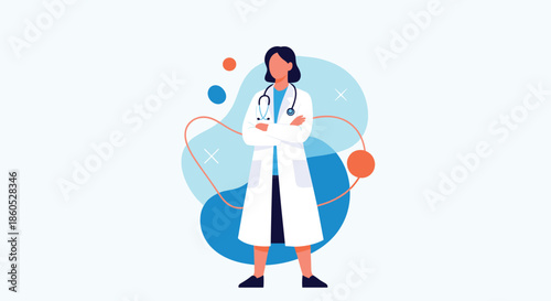 Confident female doctor in a white lab coat with a stethoscope standing with her arms crossed in a professional pose.