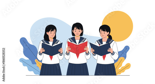 Three Japanese schoolgirls in sailor uniforms standing together and singing from books in a choir or music class concept.