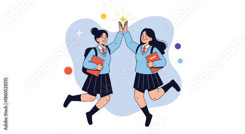 Two happy schoolgirls in uniforms jumping and giving each other a high five to celebrate success or friendship at school.