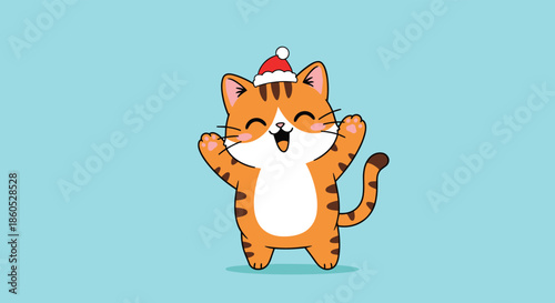 An adorable and happy orange tabby cat cartoon character wearing a small Santa hat and cheering with excitement for Christmas.