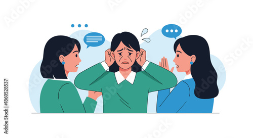 A stressed woman covers her ears to block out gossip and negative talk from two other women whispering around her.