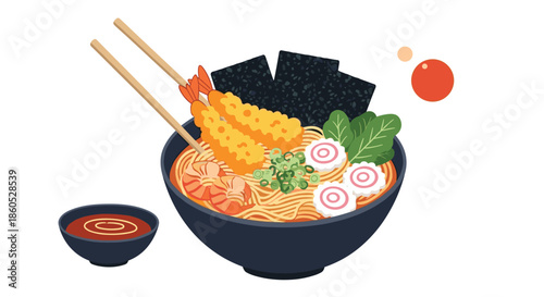 A delicious bowl of Japanese tempura shrimp ramen with narutomaki nori and a side of dipping sauce for a tasty meal.