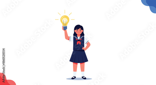 A creative schoolgirl in a Japanese sailor uniform has a great idea symbolized by her holding up a glowing lightbulb.