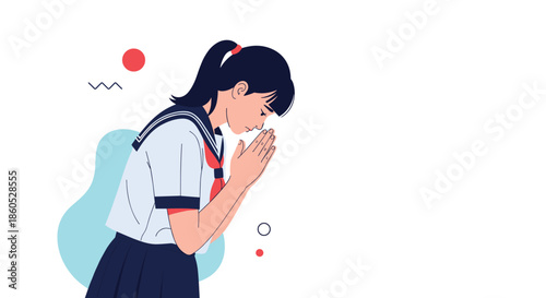 A young Japanese schoolgirl in a sailor uniform showing respect by bowing with her hands pressed together in prayer.
