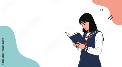 Japanese high school student in a traditional sailor uniform standing and attentively reading a book against an abstract background.