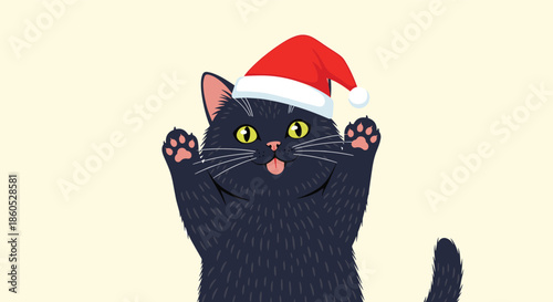 A playful and cute black cat wearing a Santa hat reaches its paws up with its tongue sticking out for Christmas fun.