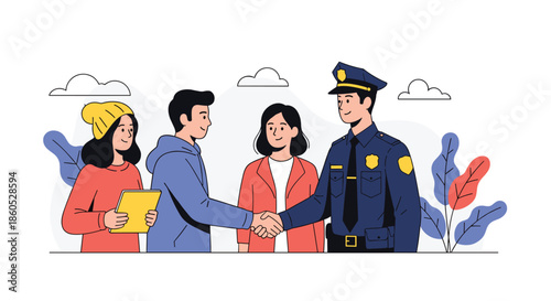 Friendly police officer shaking hands with a young man in a positive community policing interaction with other citizens.