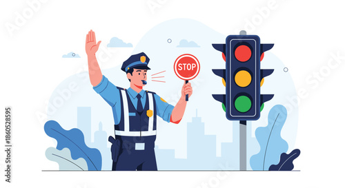 Traffic police officer blowing a whistle and holding a stop sign to manage vehicle flow next to a traffic light signal.