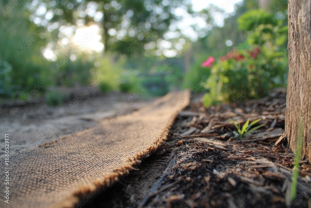 Fototapeta premium Pathway made of burlap leads through garden in the evening with plants and trees around