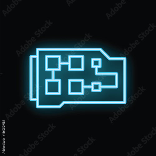 Neon blue circuit board glowing on a black background, symbolizing technological innovation
