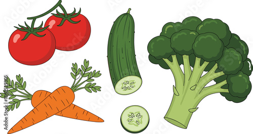 Vegetable illustration set, tomatoes, carrots, cucumber slices, broccoli floret, healthy food, nutrition concept, organic produce, black line art
