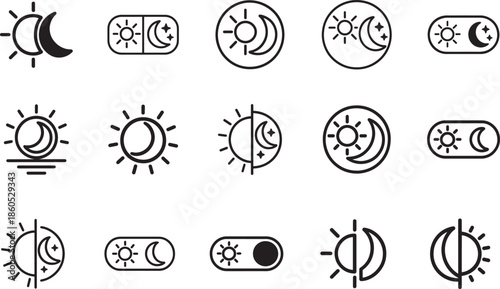  Sun and moon icon set for dark and light mode, day and night symbols in clean outline style, editable EPS vector.