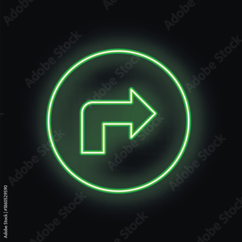 Bright green neon sign is glowing on a black wall, showing an arrow turning right