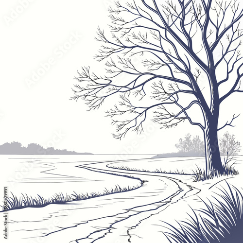 Frozen flatland with hairline cracks and bare tree