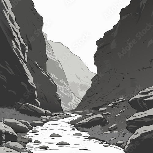 Rocky canyon approach with shallow walls and stream