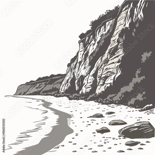 Rocky cliffside easing to sandy beach realistic shoreline