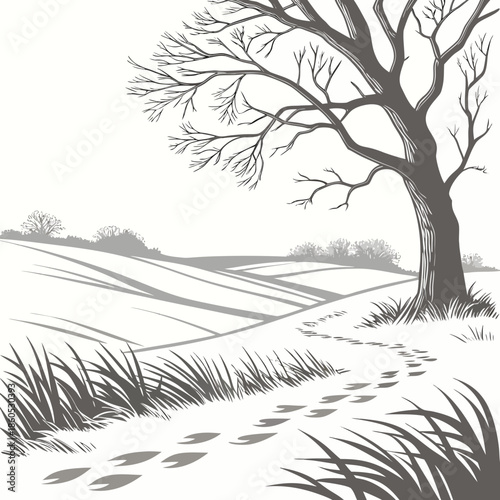 Snowfield with bare tree and faint wind scallops winter landscape