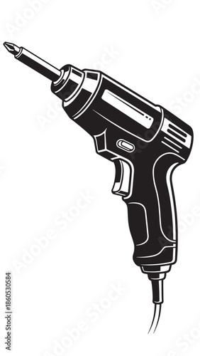 Black and white electric corded drill with a prominent chuck and bit for construction and DIY projects.