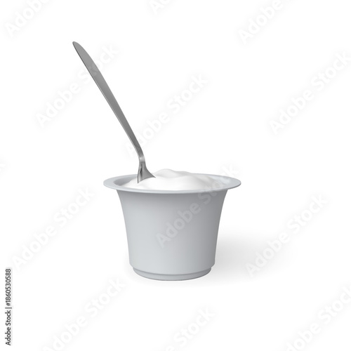 Yogurt cup with spoon, sour cream dairy products package, vector 3D mockup of white round plastic container with meal