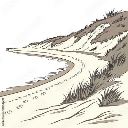 Sandy coastal dune extending inland with grass beach