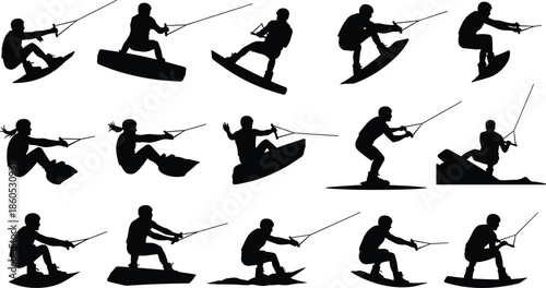 Wakeboarding silhouette vector, black water sport icons, dynamic rider poses, athletic movement illustration, extreme sports graphic, rope action design