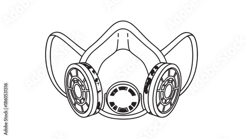 Detailed illustration of a respirator mask with filters and straps for safety and protection.