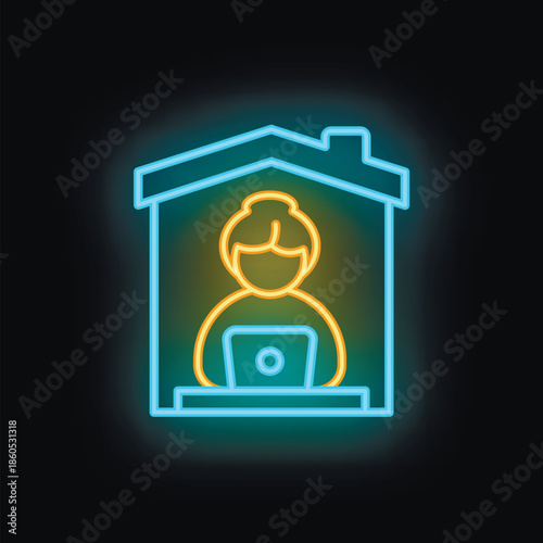 Woman working from home neon sign on black background