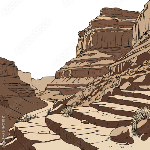 Canyon terrain with stepped rock levels and sparse vegetation