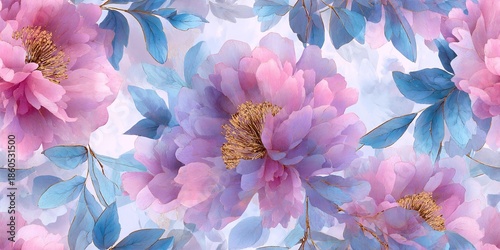 Soft watercolor floral pattern with large peony flowers in gradient pink and lavender, delicate golden stamen details