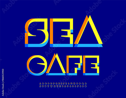 Vector Unique signboard Sea Cafe. Decorative Colorful Font. Decorative style Alphabet Letters, Numbers and Symbols set