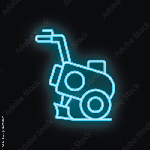 Glowing neon icon of a snow blower for removing snowdrifts on a black background