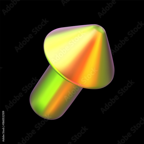 Orange holographic mushroom form realistic 3D vector design, volumetric iridescent fungus emoji, abstract shine shape