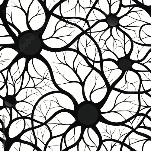 Seamless pattern of interconnected neuron cells with dark circular nuclei and branching dendrites brain