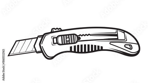 Line drawing of a retractable utility knife with extended blade and handle.