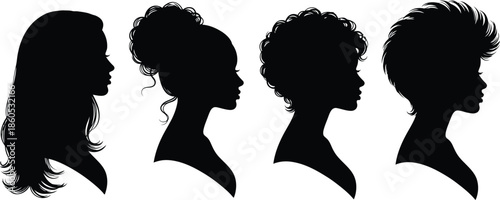 Four black silhouettes of people with different hairstyles