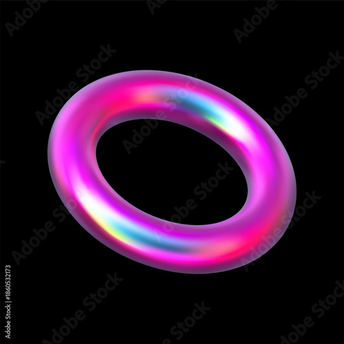 Pink holographic torus realistic 3D vector, iridescent ring model Y2K pearl shine, volumetric round shape glossy surface
