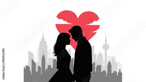 Couple Kissing with Heart Cityscape Background.