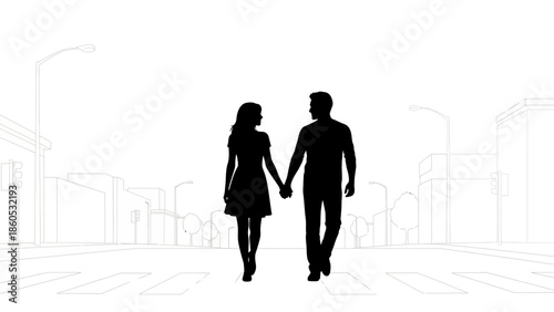 Couple Holding Hands Walking Together Silhouette.