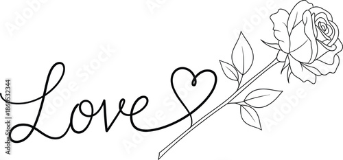 A beautiful rose with a heart and the word love