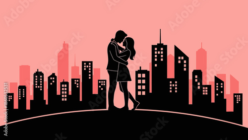Couple Embracing Silhouetted Against City Skyline.