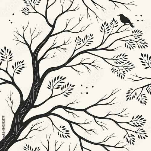 Silhouette of a bare tree with a bird perched on a branch against a light cream background nature