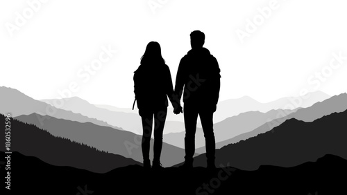 Couple Holding Hands Silhouette Mountain Landscape.