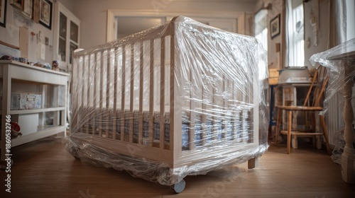 Workers covering a baby crib with polyethylene film during room renovation, emphasizing protection from dust and mess.
