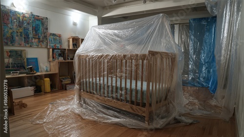 Workers covering a baby crib with polyethylene film during room renovation, emphasizing protection from dust and mess.
