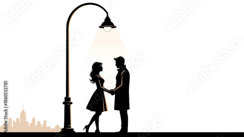 Couple Holding Hands Under Street Lamp.