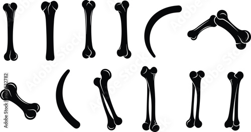 Cartoon bone icons, stylized skeleton graphics, vector bone set, anatomy symbols, Halloween bones, medical clipart, spooky design, bone art