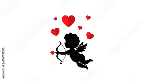 Silhouette of Cupid Flying with Hearts.